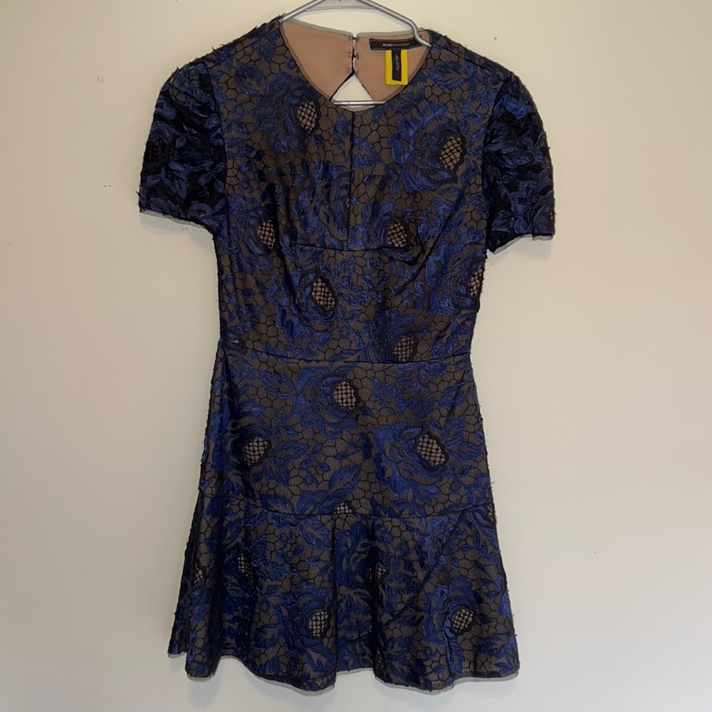 Blue and black cocktail dress. BCBG. Wedding guest dress